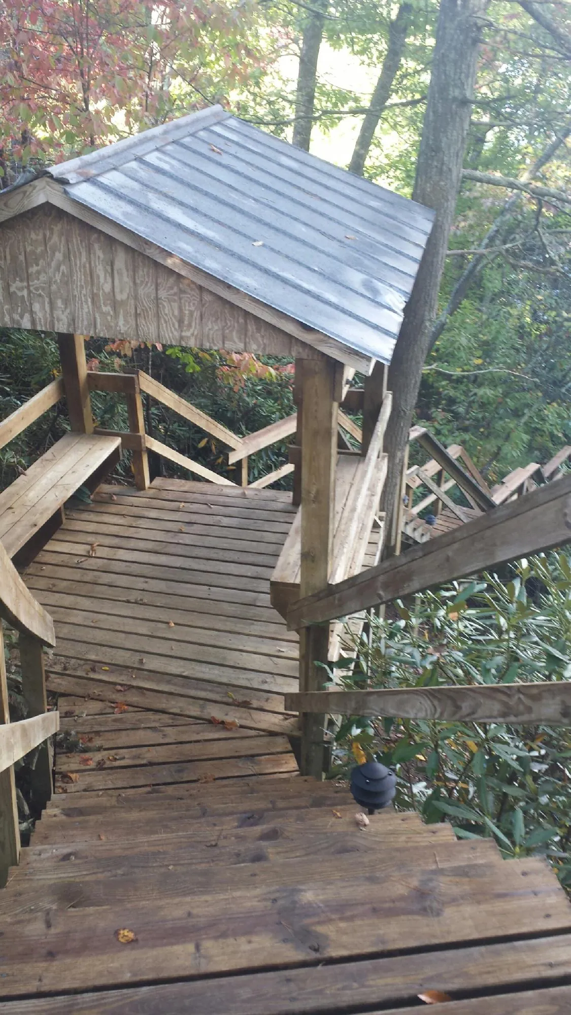 Metal roofed shelter over wooden steps on a wooded walkway — Skylight Repair & Installation work by our crew in The Villages